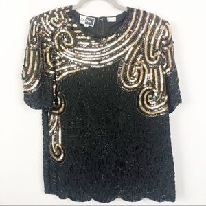 CARINA | Vintage Beaded Top Black Gold Size Large